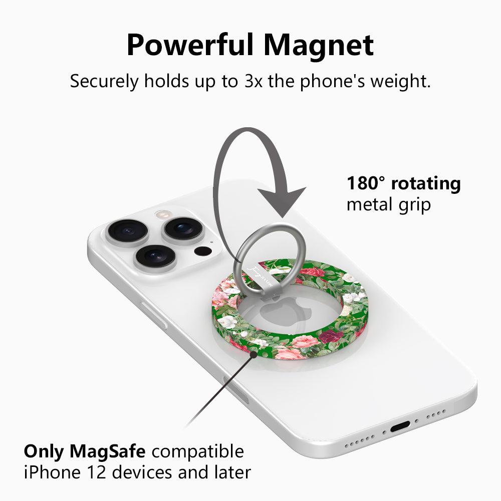Garden Party pattern MagSafe phone grip ring with pink and white roses on a deep forest green background compatible with iPhone and Samsung