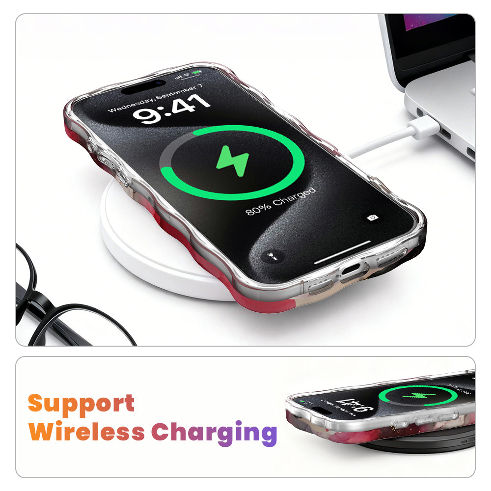 Wireless charging graphic showing an iPhone in the Velvet Vixen red and gold marble MagSafe case charging on a wireless pad.