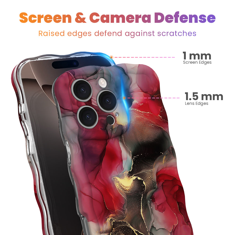 Screen and camera defense graphic for the Velvet Vixen iPhone case, showing 1 mm raised screen edges and 1.5 mm raised lens edges on the crimson marble print.