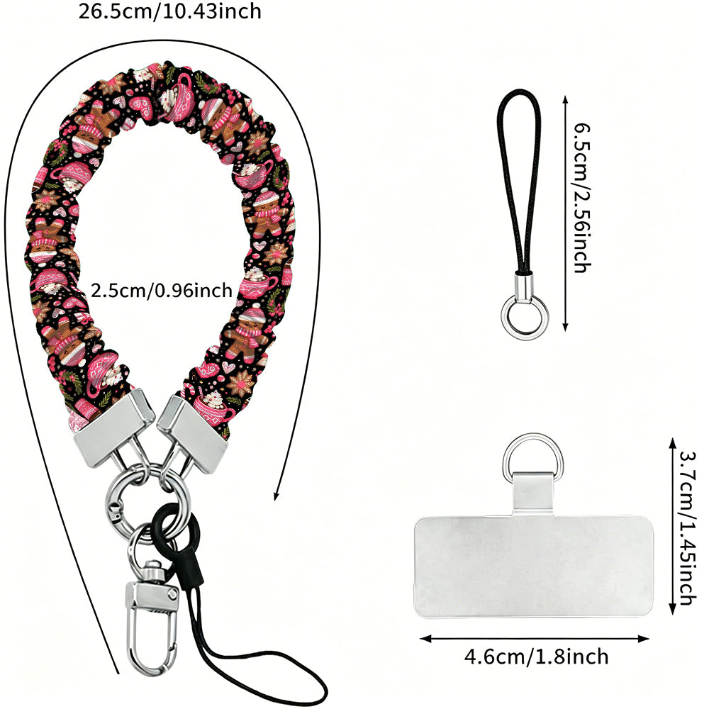 Merry Mugs & Ginger Hugs scrunchie wrist strap dimensions: 26.5 cm strap, 2.5 cm wide, 6.5 cm loop, 4.6 x 3.7 cm phone tab