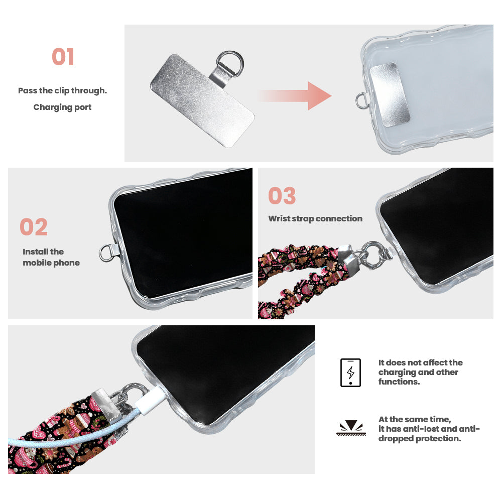 3 steps to attach the Merry Mugs & Ginger Hugs scrunchie phone strap: pass the tab through the charging port, fit the case, clip on the wrist strap