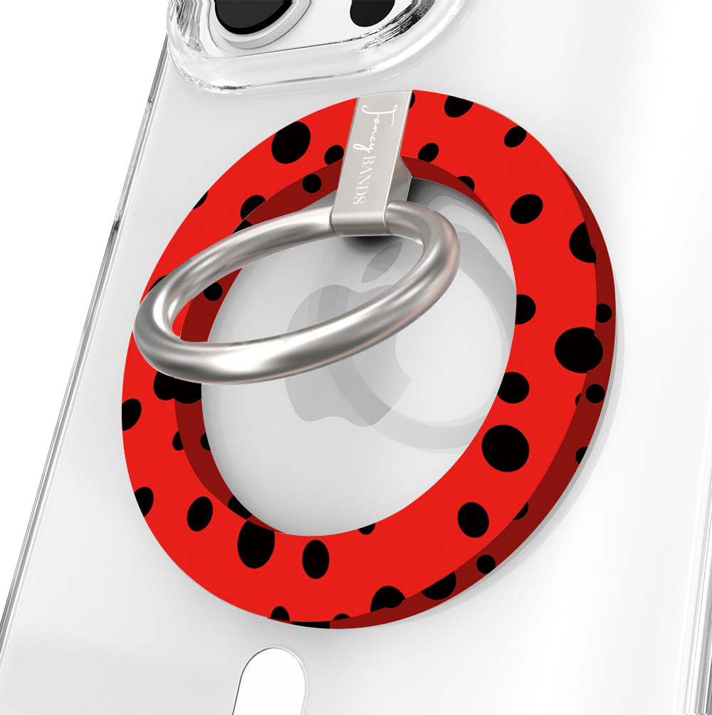 Ladybug pattern MagSafe phone grip ring with black polka dots on a vibrant red background compatible with iPhone and Samsung