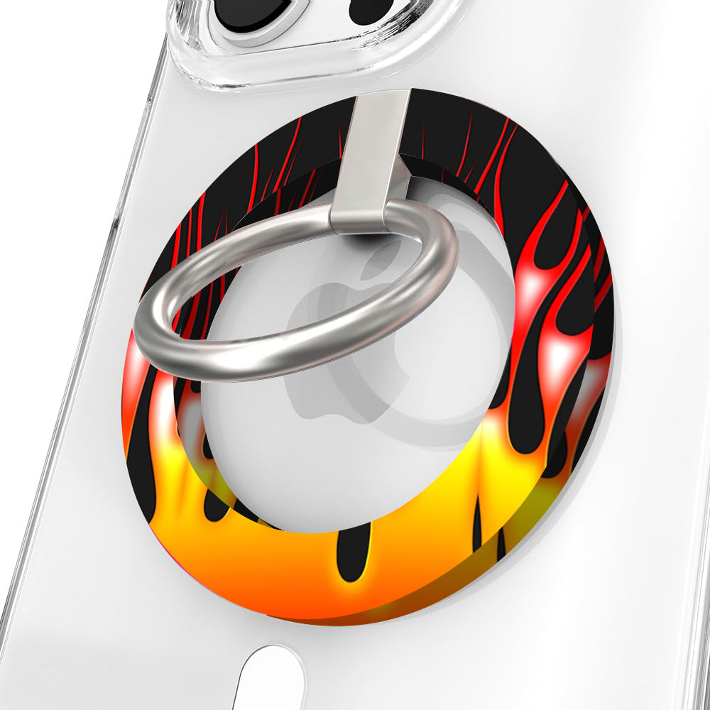 Hot Rod Flame pattern MagSafe phone grip ring and stand with silver ring, compatible with iPhone and Samsung