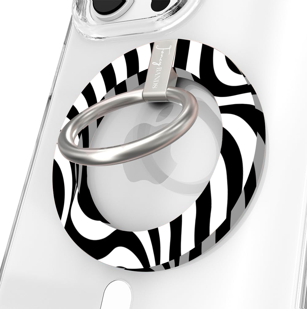 Fifth Ave. Flow monochromatic fluid wave pattern MagSafe phone grip ring with black and white swirling design compatible with iPhone and Samsung