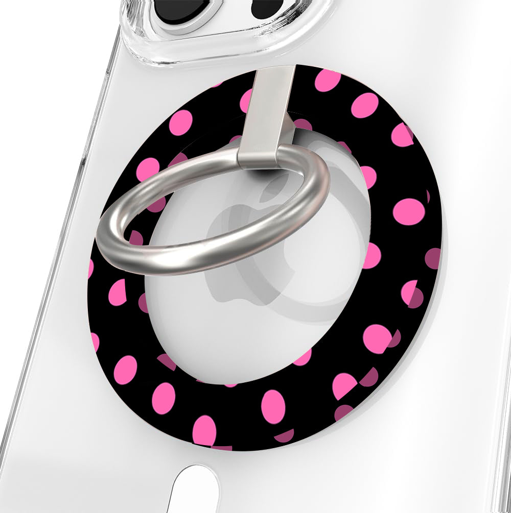 Sweet Spot black and pink polka dot MagSafe phone grip ring and stand compatible with iPhone and Samsung