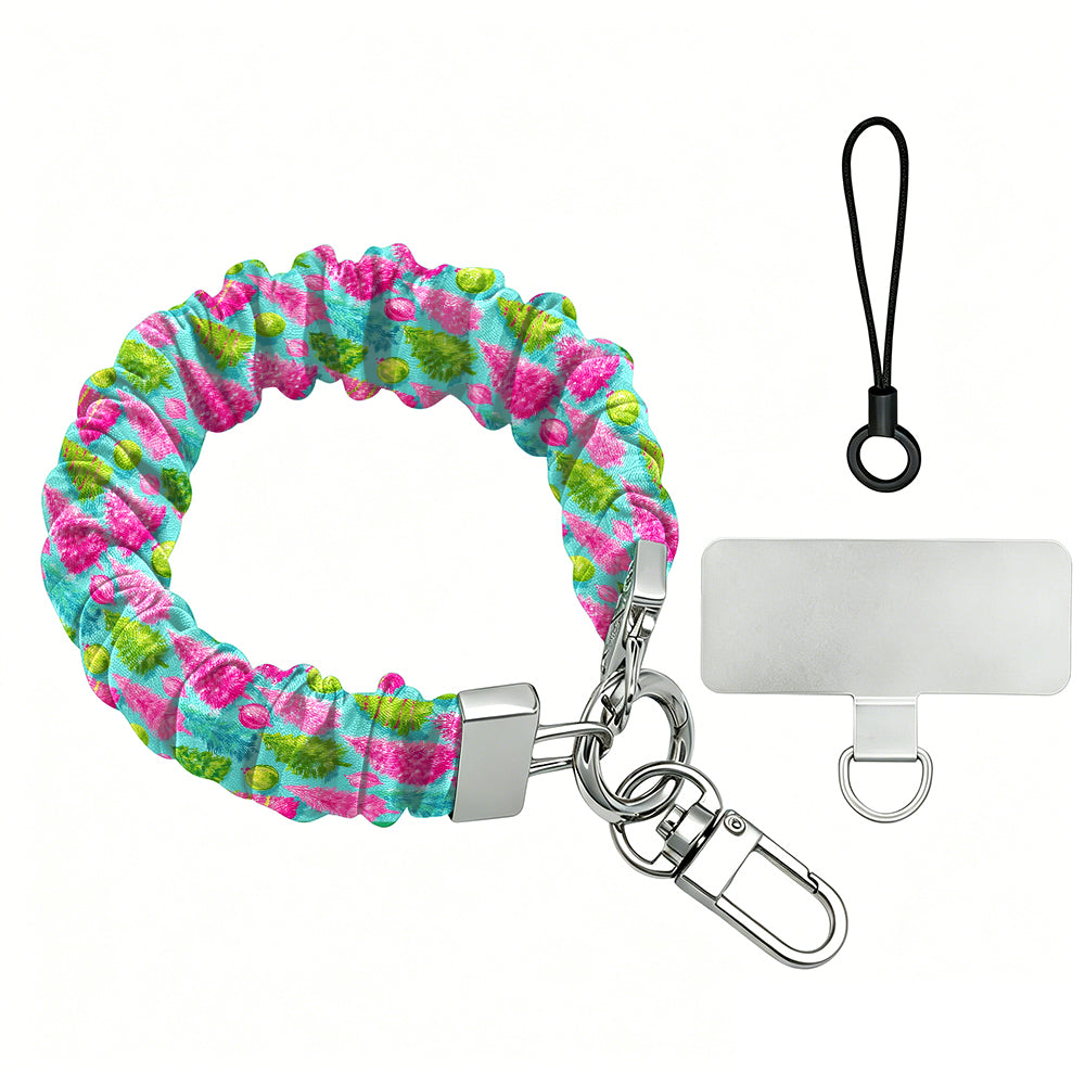Merry & Bright, Totally! scrunchie phone wrist strap laid flat with silver clasp and phone tab, pink and lime Christmas trees on aqua