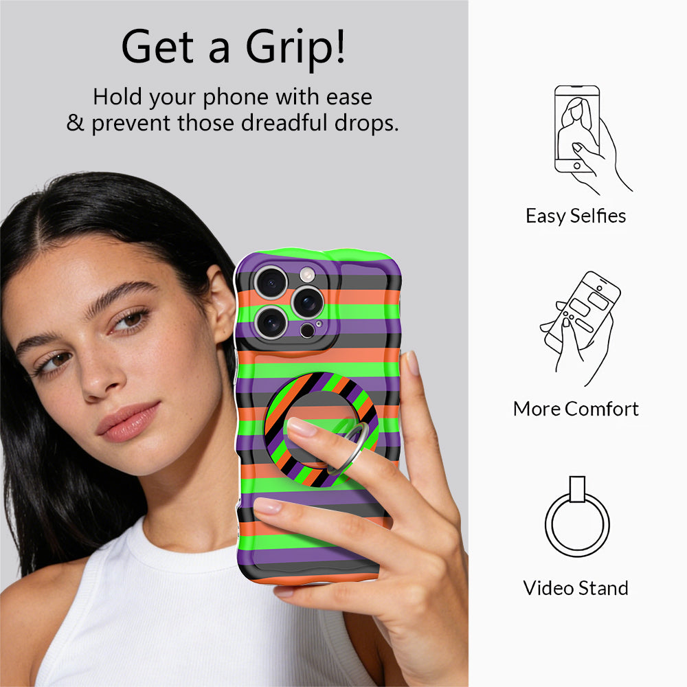 Get a Grip infographic for the Main Witch Energy MagSafe grip ring, showing a model holding her striped phone one-handed plus easy selfies, comfort and video stand uses.