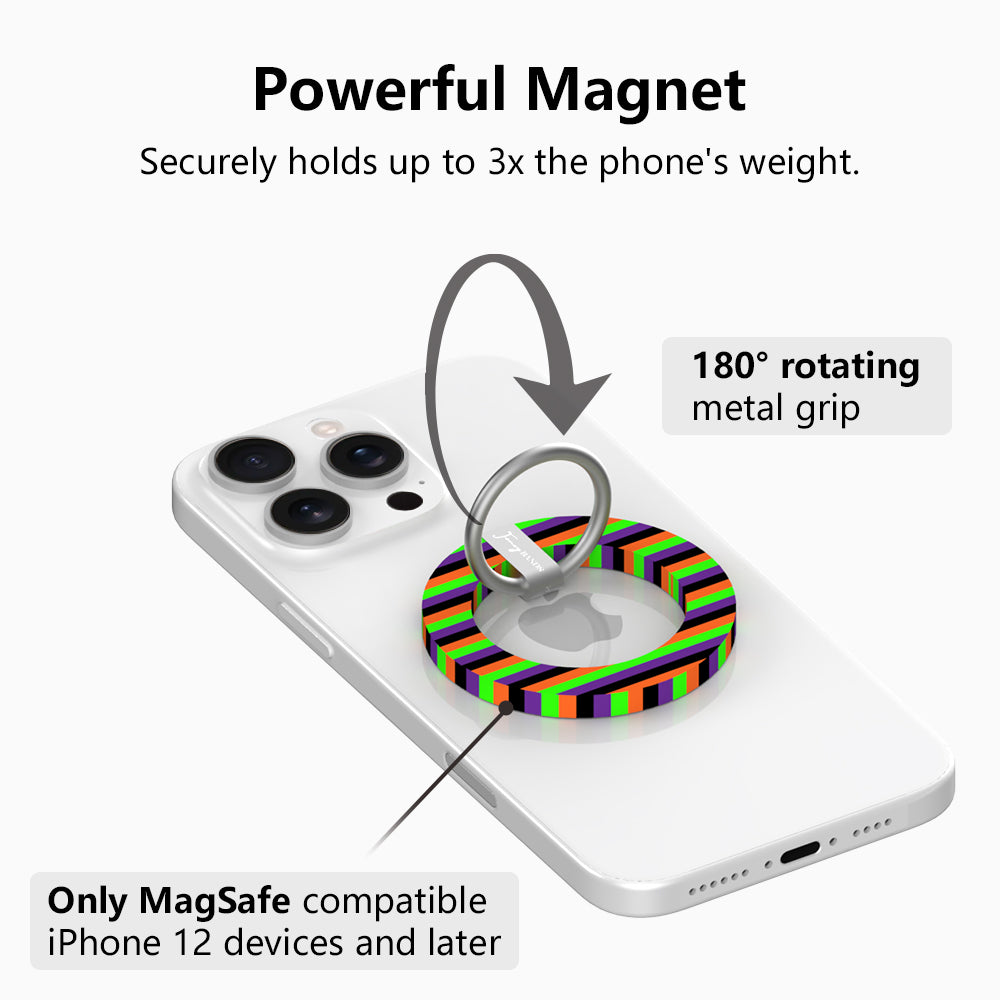 Powerful magnet diagram for the Main Witch Energy MagSafe grip ring, showing the 180 degree rotating metal grip that holds up to three times the phone's weight.