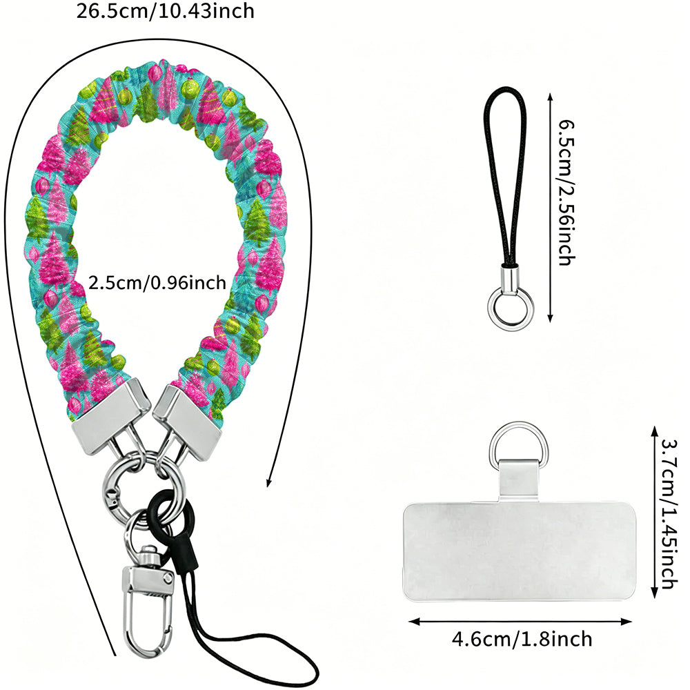 Merry & Bright, Totally! scrunchie wrist strap dimensions: 26.5 cm strap, 2.5 cm wide, 6.5 cm loop, 4.6 x 3.7 cm phone tab