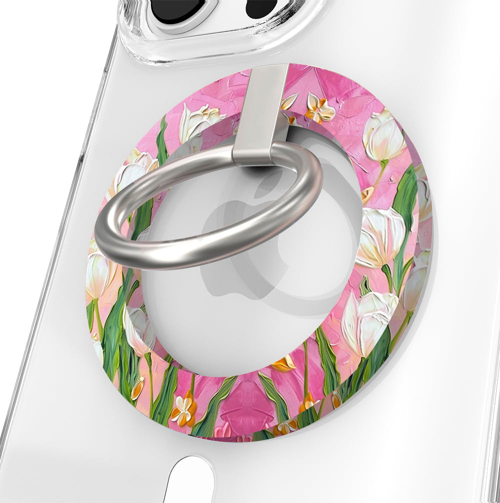 Tulip Whisper textured oil painting style MagSafe phone grip ring with white tulips on a pink background compatible with iPhone and Samsung