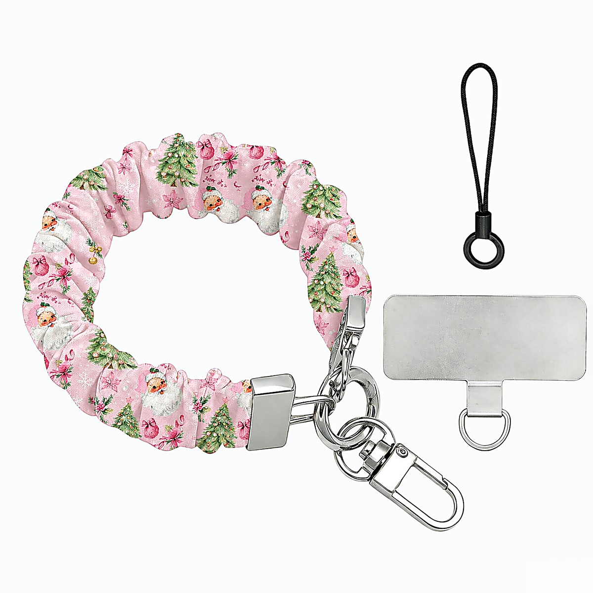Jolly Pink Santa scrunchie phone wrist strap laid flat, Santas and Christmas trees on pink, with silver clasp, lanyard loop and phone tab