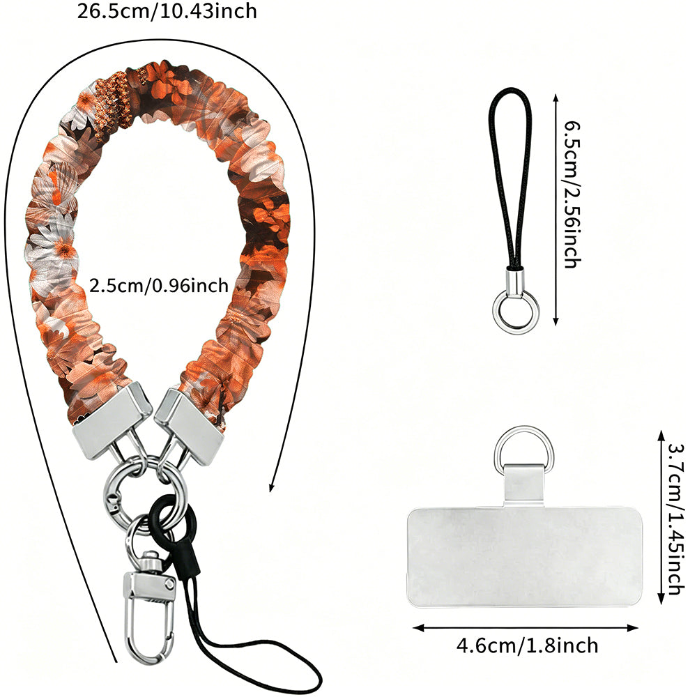 Fall Blooms scrunchie phone wrist strap size guide - 26.5cm loop, 2.5cm strap width, 6.5cm drop cord and 4.6cm phone attachment tab