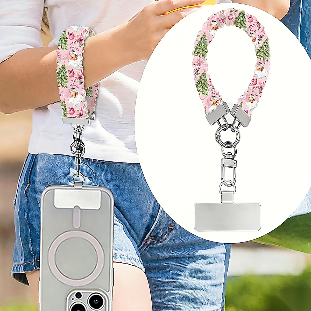 Jolly Pink Santa scrunchie wrist strap worn on the wrist with an iPhone hanging from it, plus close-up of the strap and phone tab