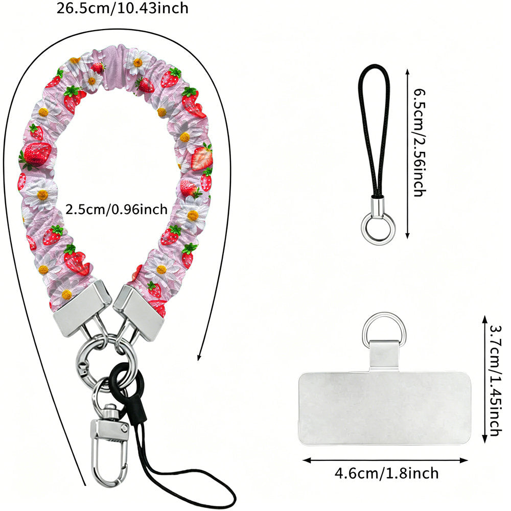 Size diagram for the Berry Cute Blooms Scrunchie Phone Wrist Strap, showing the 26.5 cm loop, 2.5 cm width and 4.6 cm phone attachment tab.