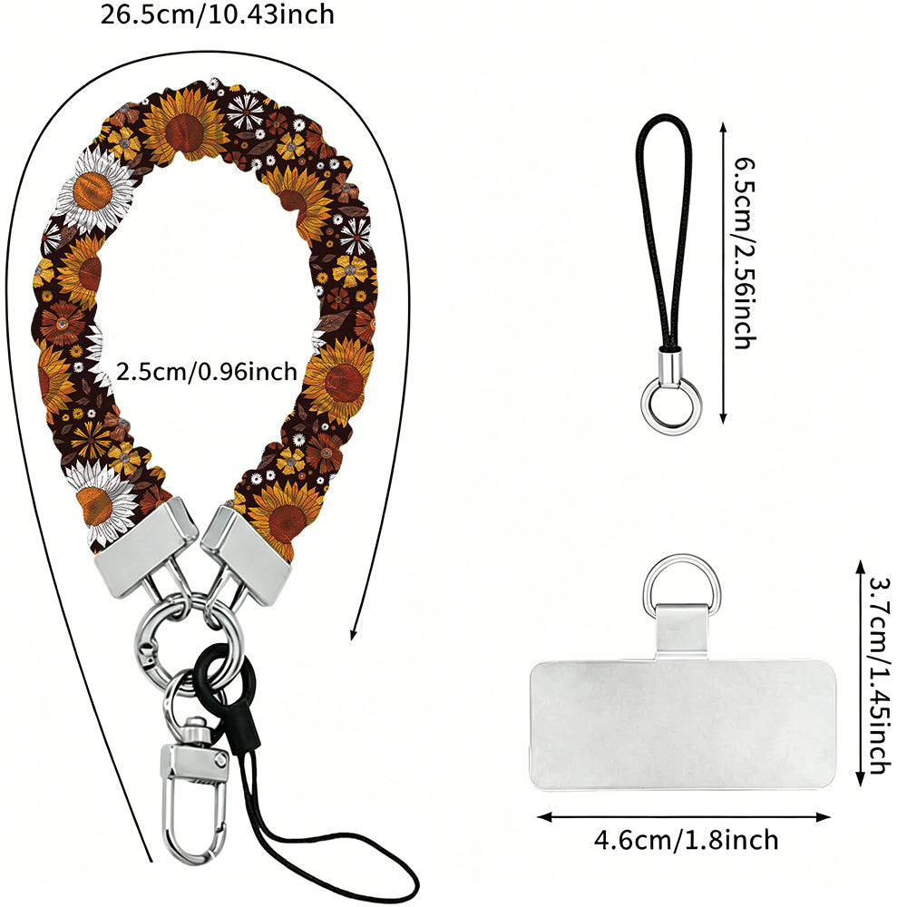 Dimension diagram for the Harvest Sunflowers scrunchie phone wrist strap: 26.5 cm strap length, 2.5 cm width, 6.5 cm loop cord, and a 4.6 by 3.7 cm phone attachment tab.