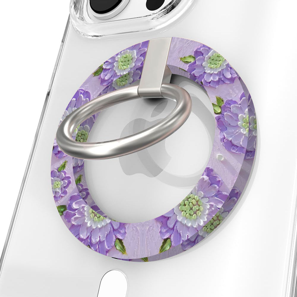 Purple Wildflower botanical pattern MagSafe phone grip ring with delicate purple pink and yellow flowers on white background compatible with iPhone and Samsung