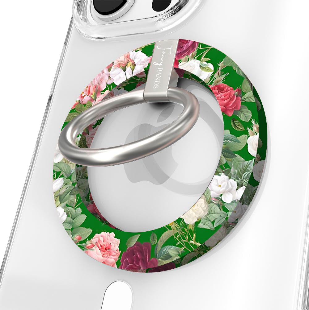 Garden Party pattern MagSafe phone grip ring with pink and white roses on a deep forest green background compatible with iPhone and Samsung