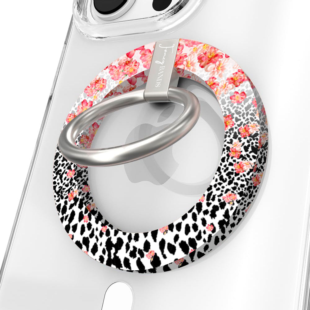 Flower-fetti Leopard pattern MagSafe phone grip ring with pink and orange flowers over black and white leopard spots compatible with iPhone and Samsung