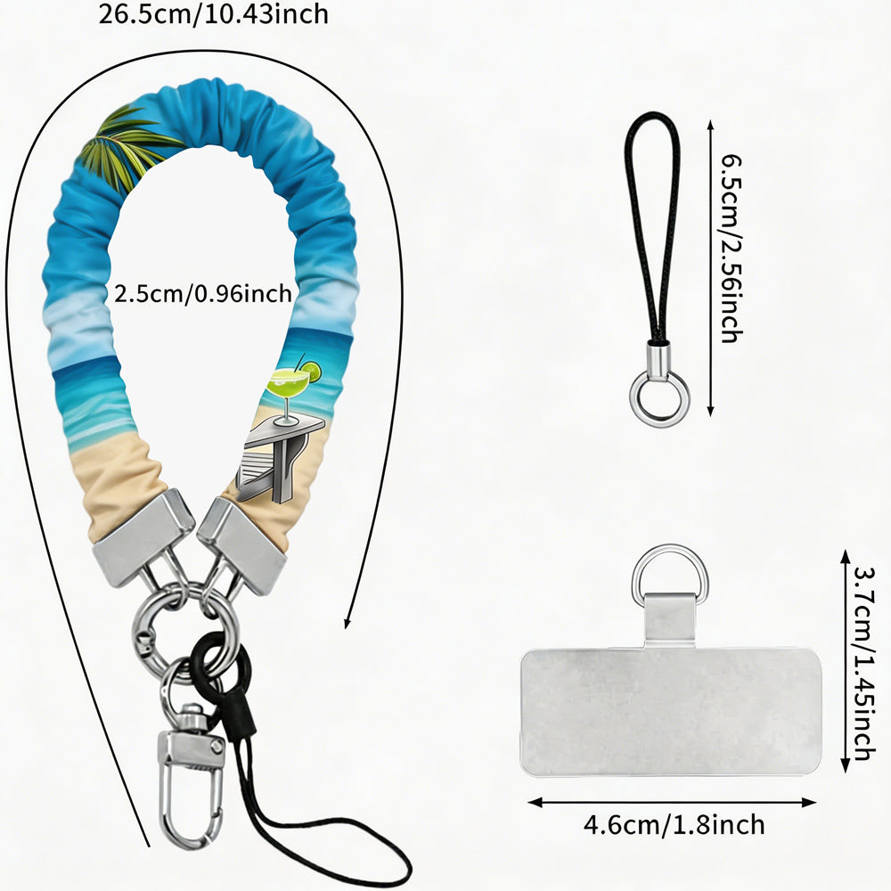 Blue and green satin Beach Please scrunchie phone wrist strap clipped to the matching Beach Please Wavy Luxe iPhone case with a beach chair and cocktail design, styled on a sandy shoreline background with starfish and ocean waves.