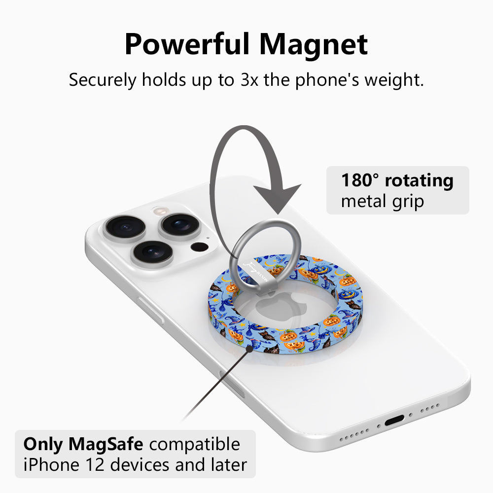 Powerful magnet graphic for The Bewitching Hour MagSafe grip ring, showing the magnetic ring attaching to a phone.