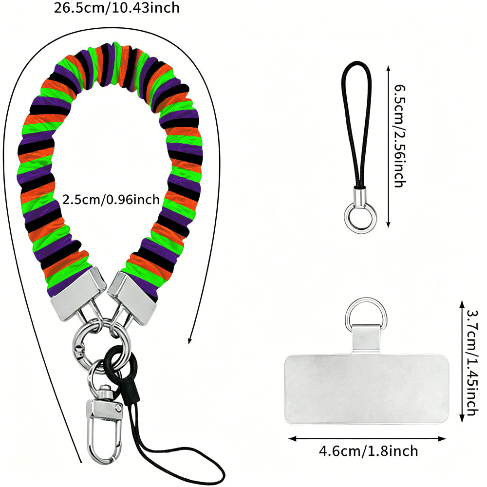 Size diagram for the Main Witch Energy scrunchie phone wrist strap, showing the 26.5 cm loop, 2.5 cm width and the 4.6 cm attachment tab.