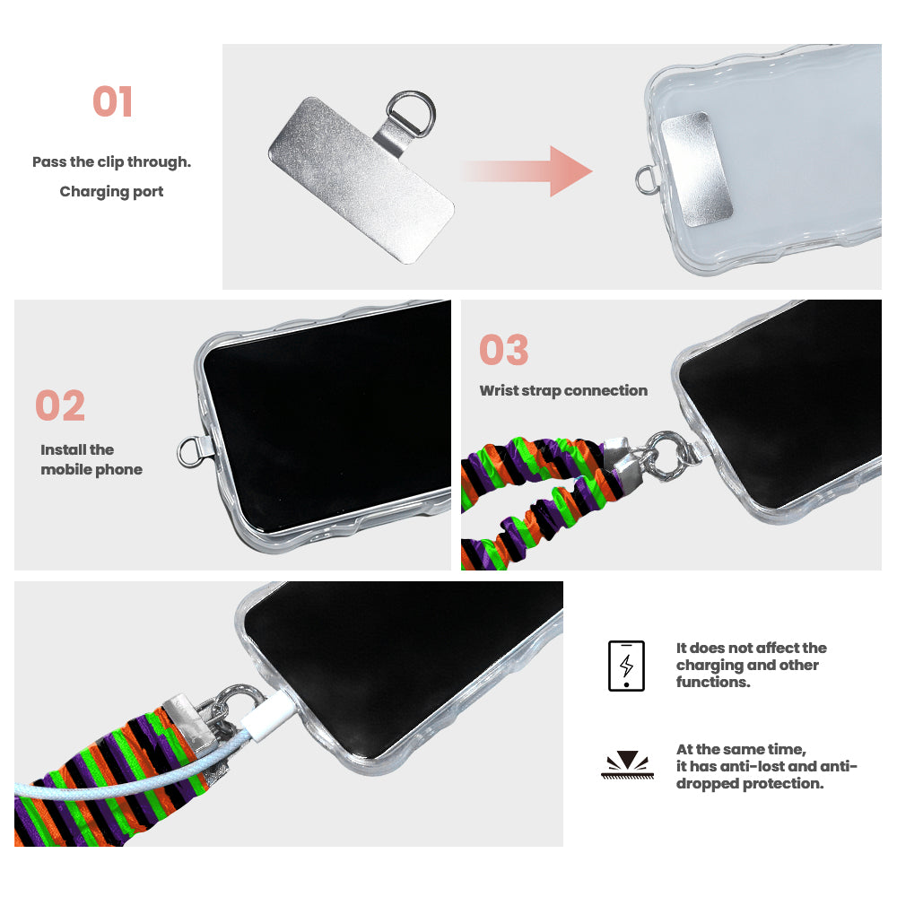 Three-step installation diagram for the Main Witch Energy scrunchie phone wrist strap, showing the tab through the charging port and the strap clipped on.