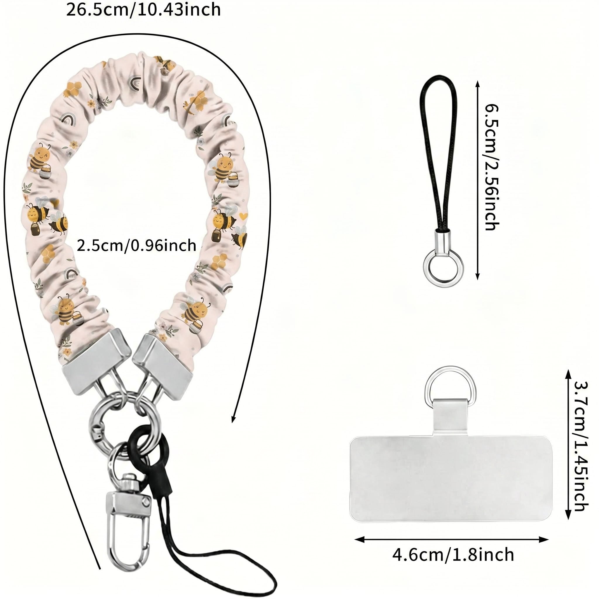 A sweet Bee Happy scrunchie phone wrist strap in a white bumblebee, honeycomb, and honey-pot print, clipped to the matching Bee Happy Wavy Luxe iPhone case, styled with sunflowers and bees on a soft cream background.