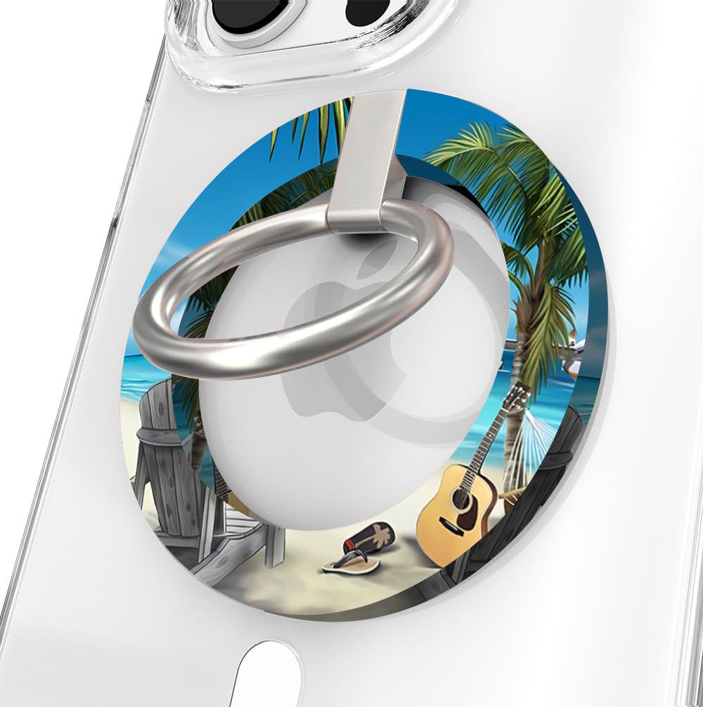 Beach Please tropical beach scene MagSafe phone grip ring with guitar chair and palm trees compatible with iPhone and Samsung