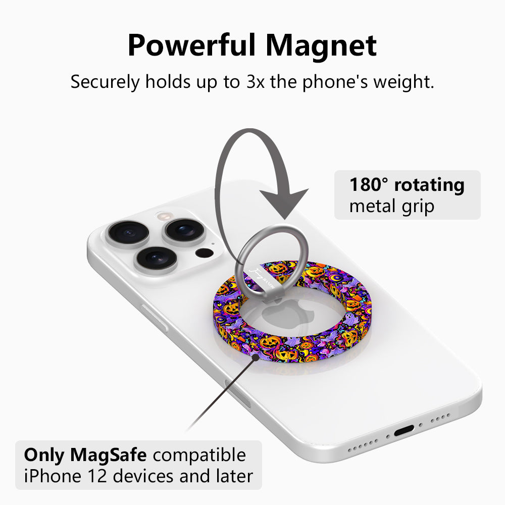 Powerful magnet diagram for the Jack-O-Lantern Jive MagSafe grip ring, showing the 180 degree rotating metal grip that holds up to three times the phone's weight.