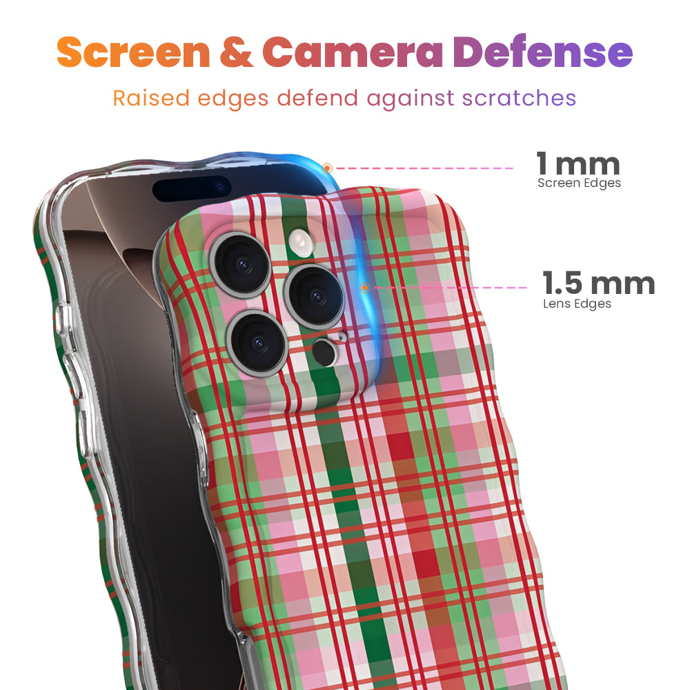 Merry Little Plaid iPhone case with 1 mm raised screen edges and 1.5 mm raised camera lens edges, pink and red Christmas plaid