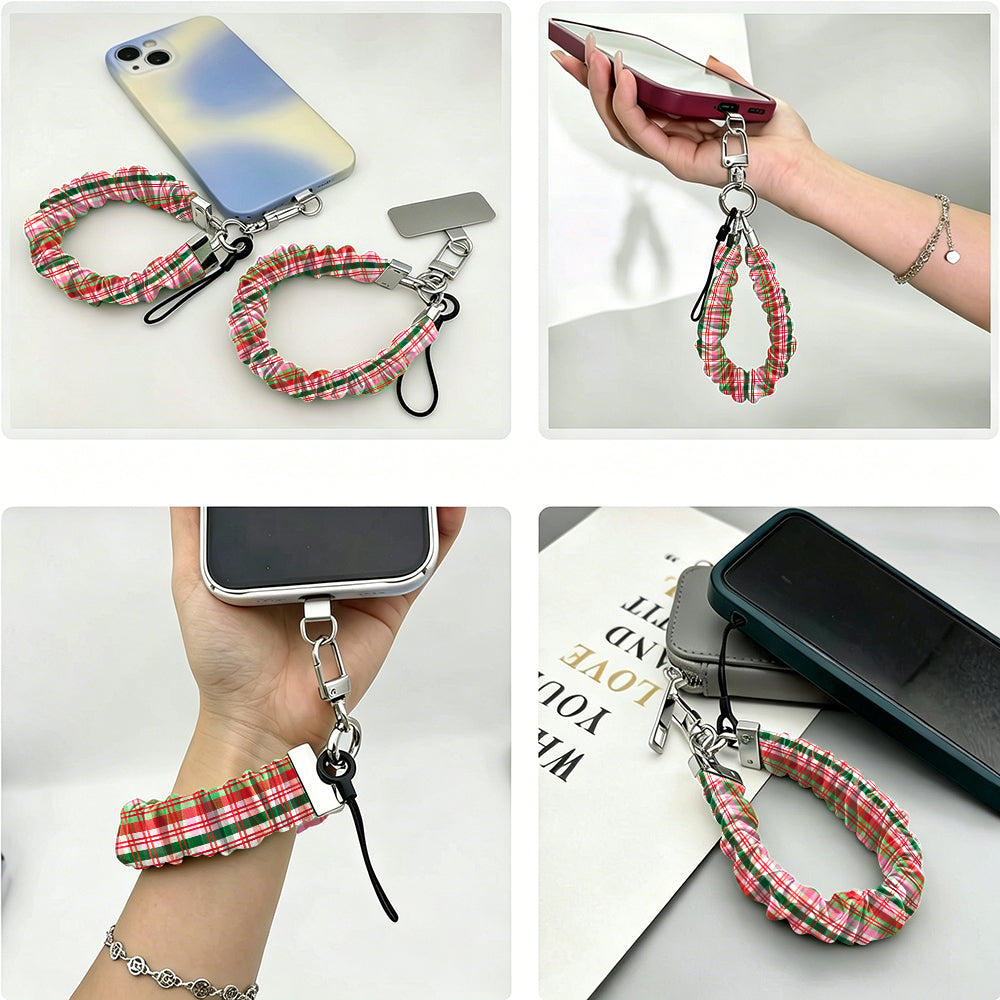Four views of the Merry Little Plaid scrunchie phone wrist strap: with its phone tab, dangling from a phone in hand, worn on the wrist, and clipped to a pouch zipper