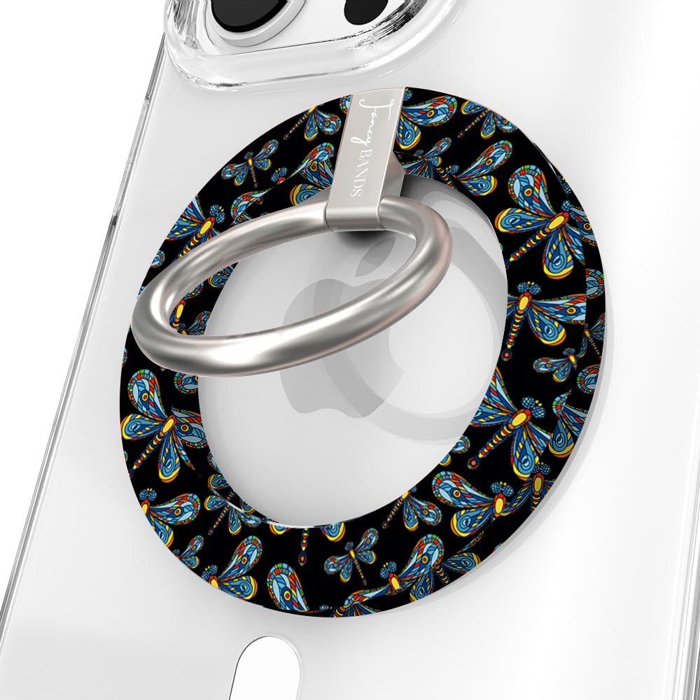 Dragonfly Dreams pattern MagSafe phone grip ring with colorful stained-glass style dragonflies on a black background compatible with iPhone and Samsung