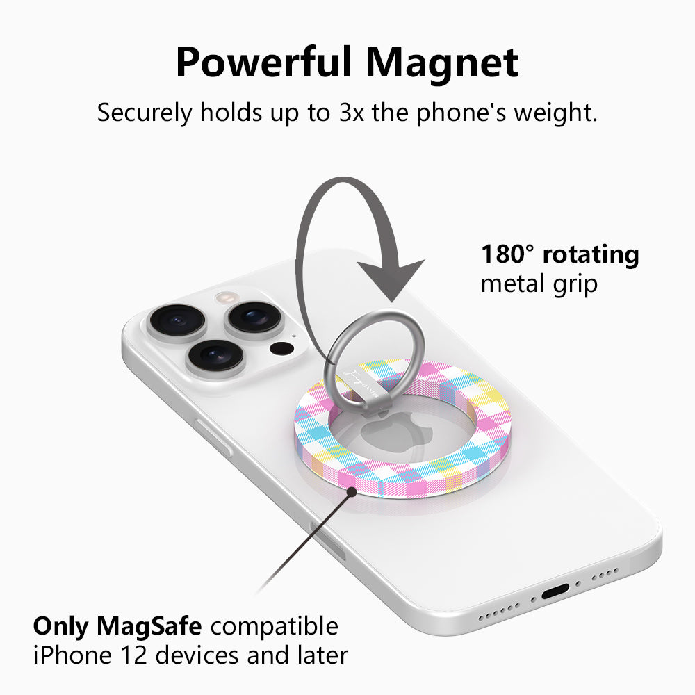 Pastel gingham phone ring grip used as kickstand for hands-free viewing