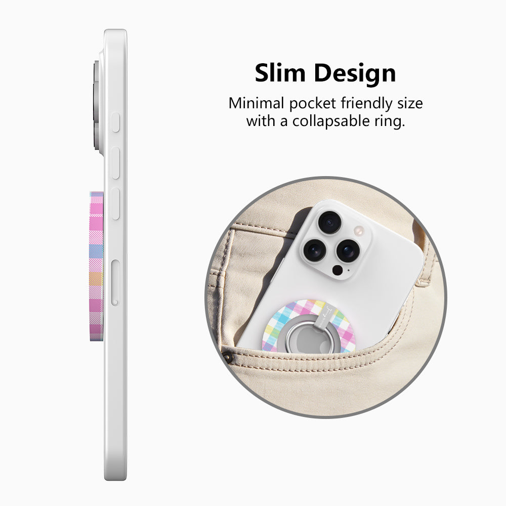 Pastel gingham phone ring grip used as kickstand for hands-free viewing