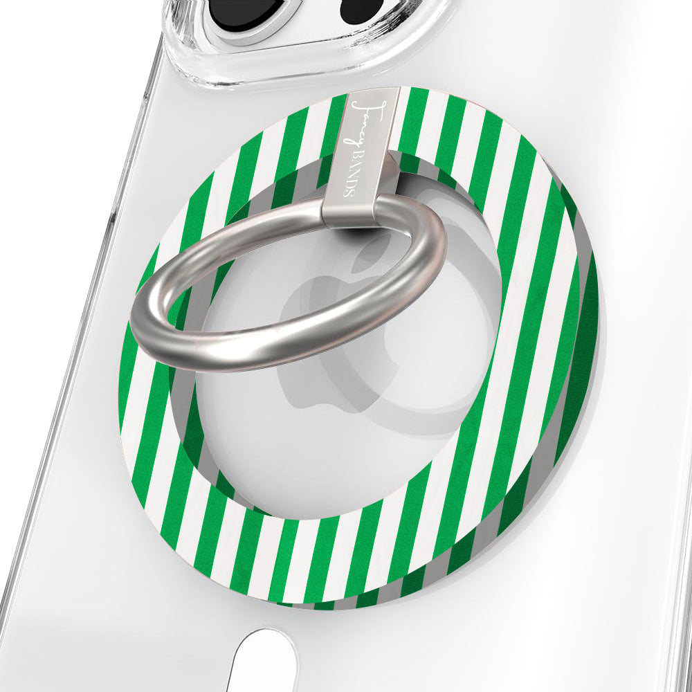 Oh, La La green and white striped MagSafe phone grip ring with classic preppy pattern compatible with iPhone and Samsung