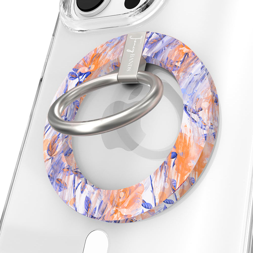 Where Dreams Bloom painterly floral MagSafe phone grip ring with periwinkle purple and orange impressionistic flowers compatible with iPhone and Samsung