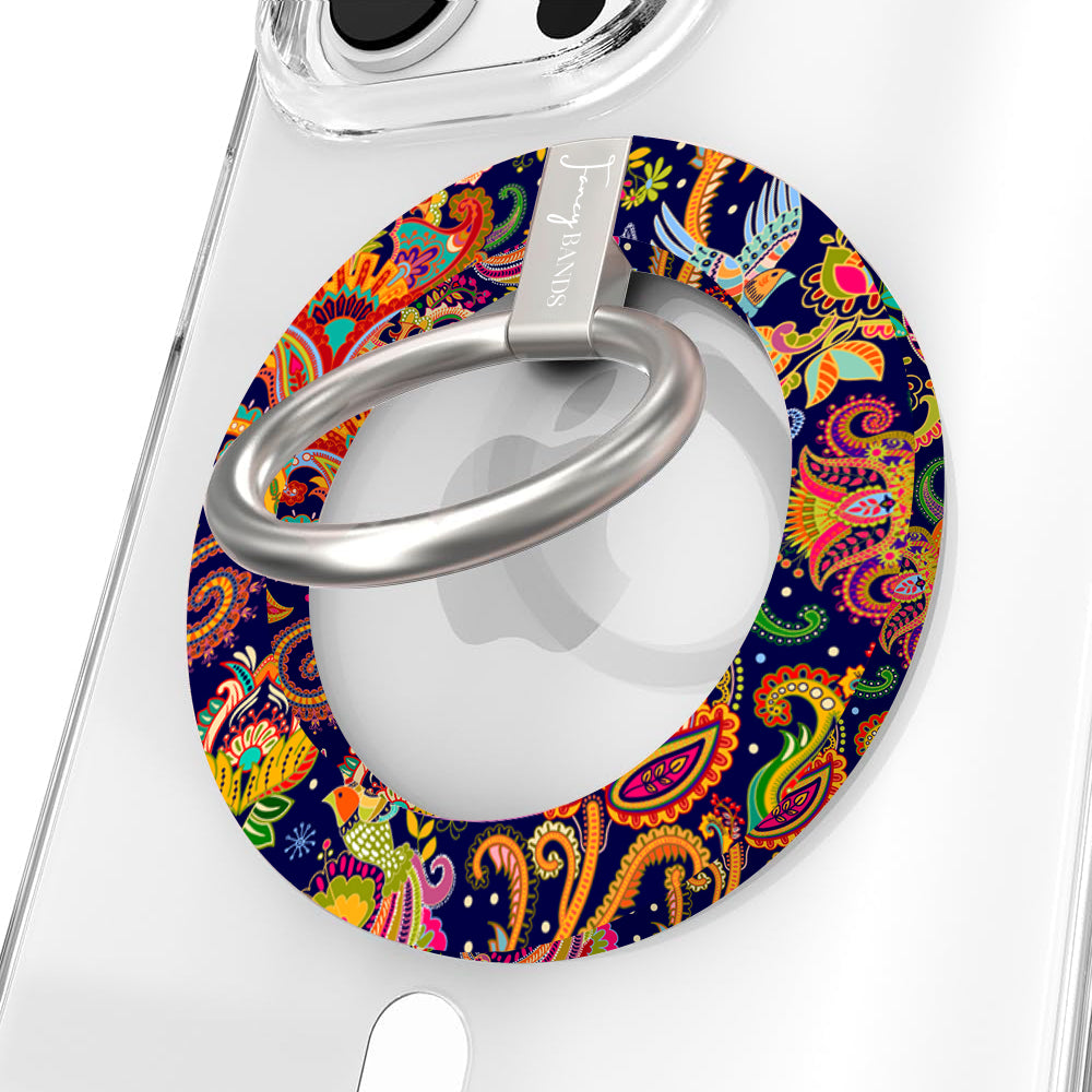 Paisley Birdsong bohemian MagSafe phone grip ring with intricate jewel-toned paisley, flowers, and birds on a deep navy background compatible with iPhone and Samsung