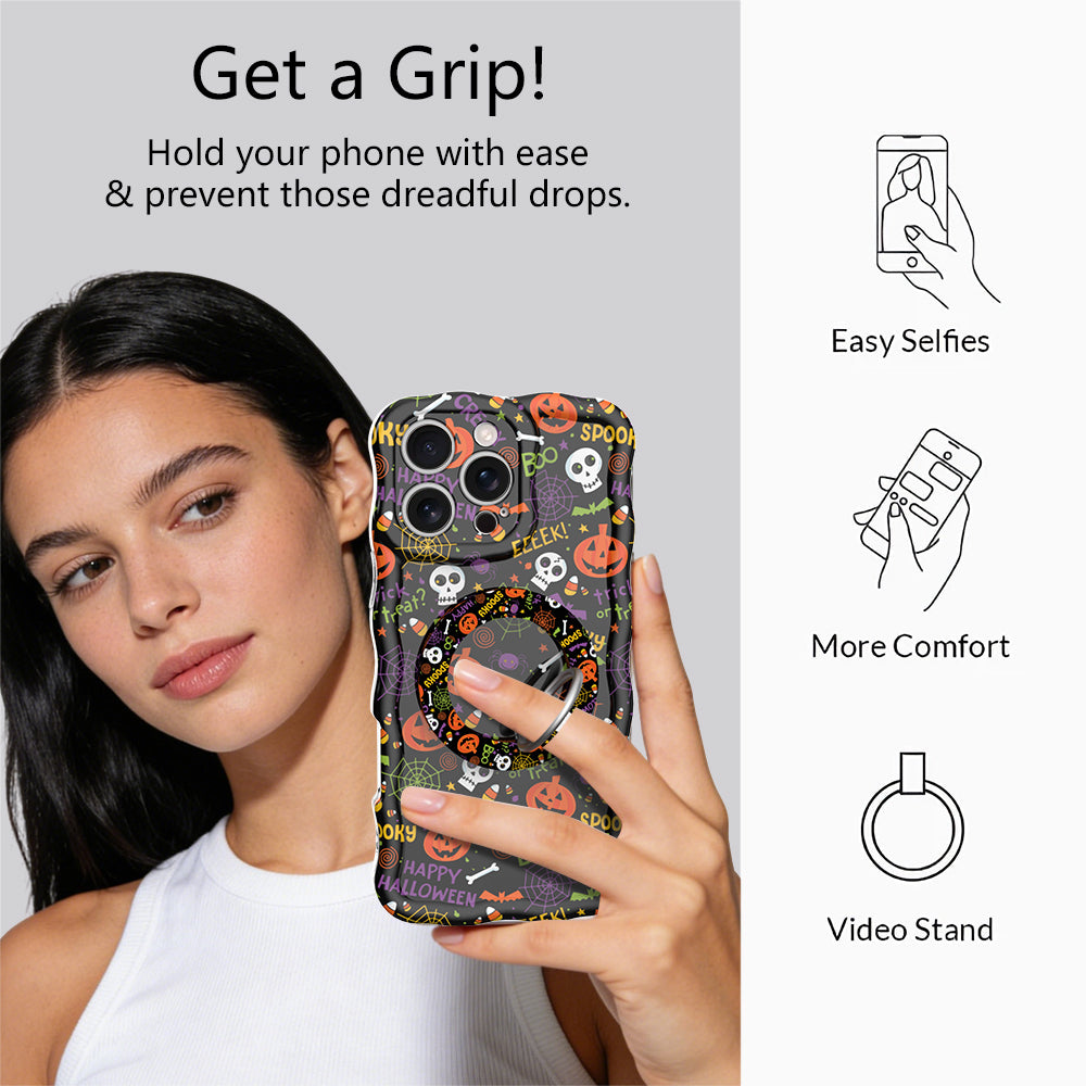 Get a Grip infographic for the Spooky MagSafe grip ring, showing a model holding her phone one-handed plus easy selfies, added comfort and video stand uses.