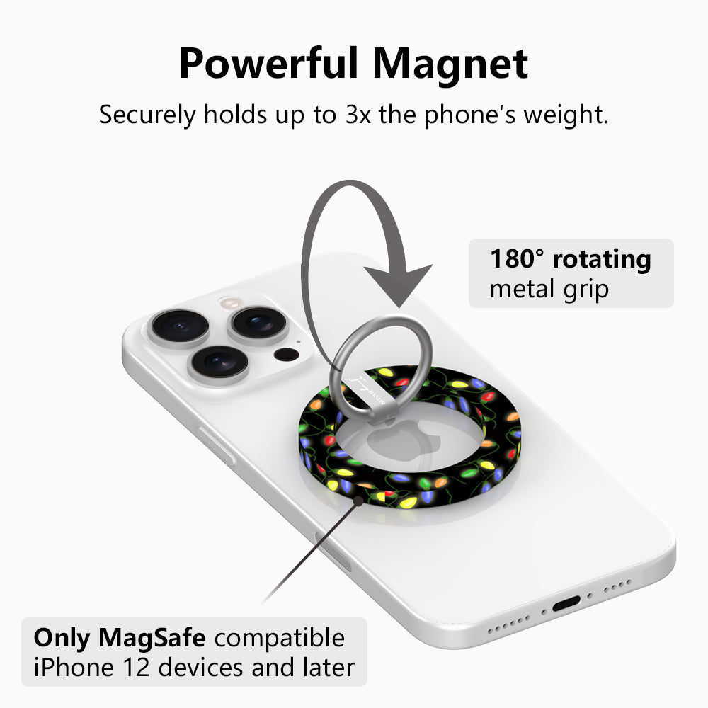 Christmas Lights MagSafe grip ring on a white iPhone: magnet holds up to 3x the phone's weight, 180 degree rotating silver ring, for MagSafe iPhone 12 and later