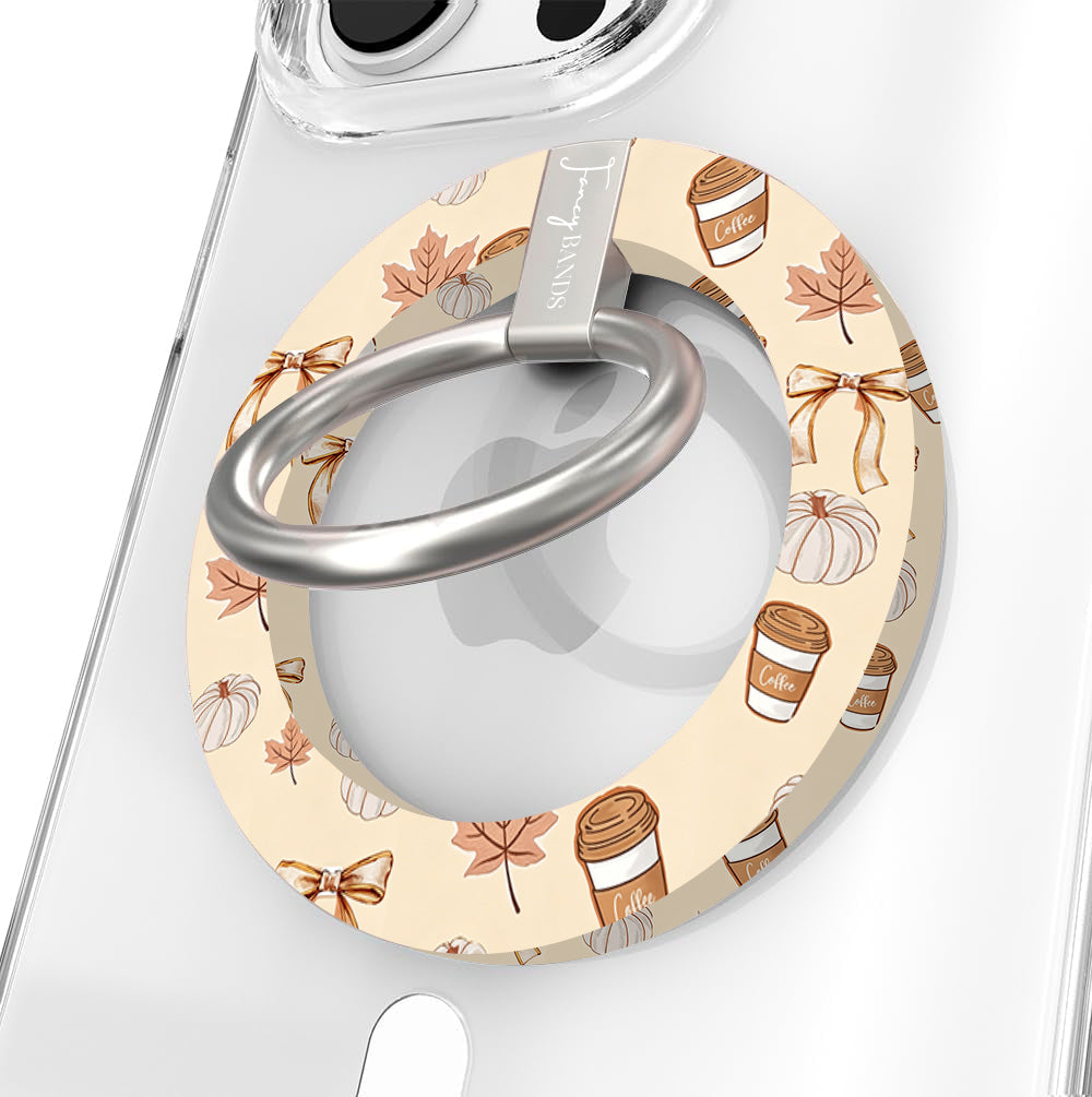 Falling in Love a Latte Hold It Fancy MagSafe grip ring with a cream coquette print of coffee cups, maple leaves, pumpkins and bows from Fancy Bands