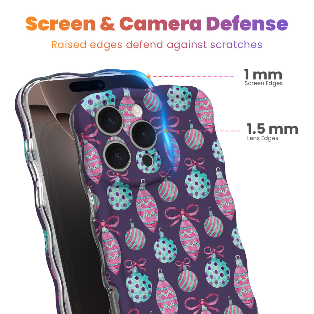 Just One More Ornament iPhone case with 1 mm raised screen edges and 1.5 mm raised camera lens edges, purple Christmas ornament print
