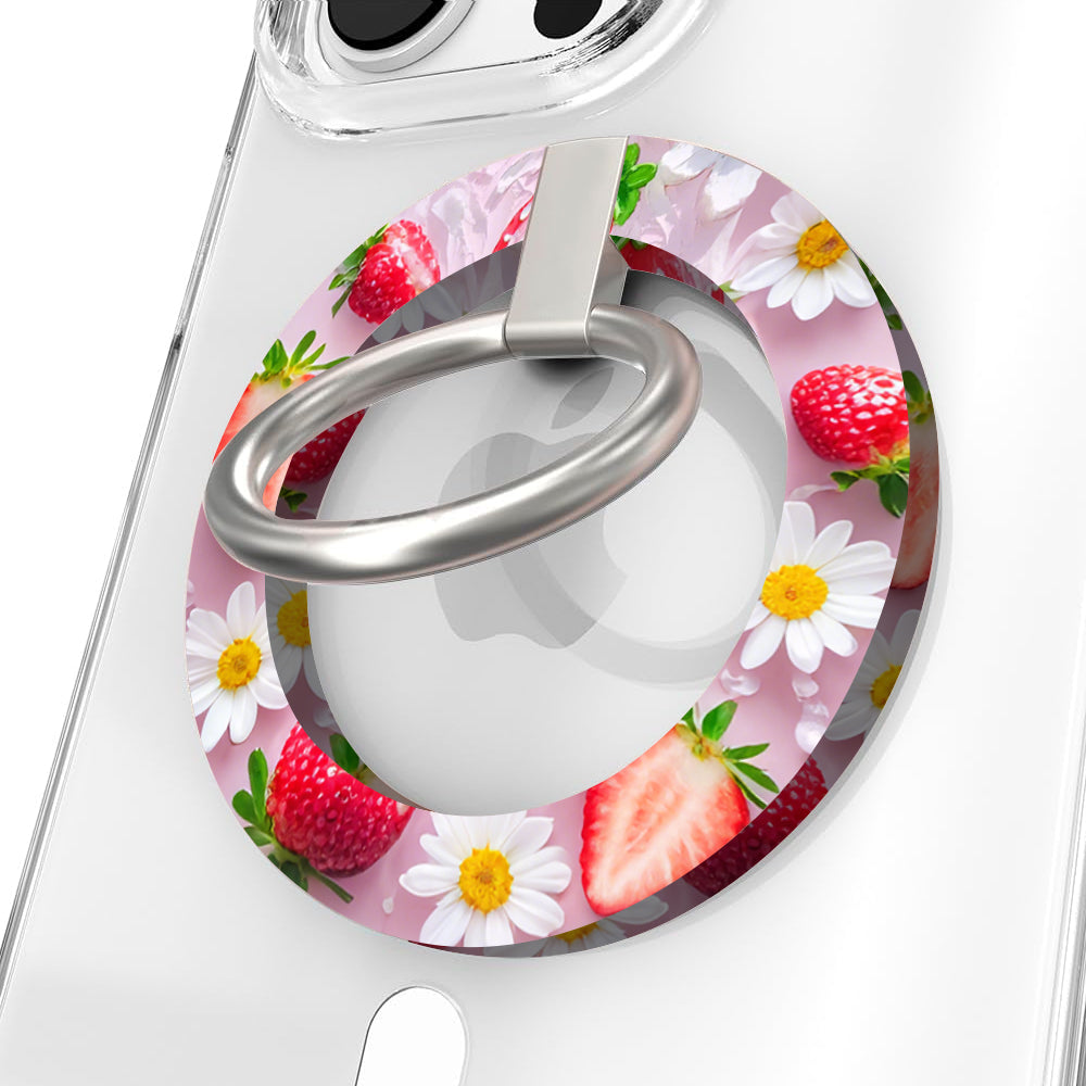 Berry Cute Blooms strawberry and daisy pattern MagSafe phone grip ring on pink background compatible with iPhone and Samsung