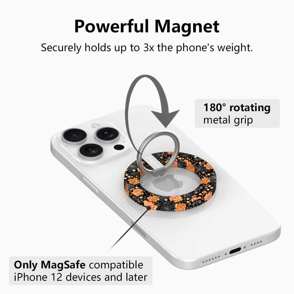 Powerful magnet diagram for the Haunted Blossoms MagSafe grip ring, showing the 180 degree rotating metal grip that holds up to three times the phone's weight on MagSafe iPhone 12 and later.
