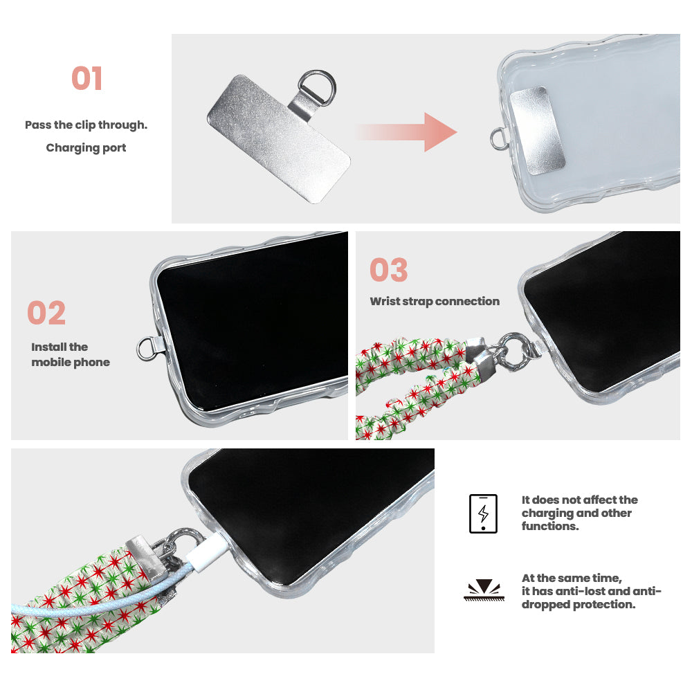 3 steps to attach a scrunchie phone wrist strap: pass the tab through the charging port, fit the case, clip on the wrist strap
