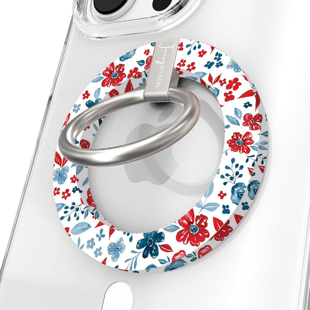 Red White and Bloom patriotic floral MagSafe phone grip ring with red navy and light blue watercolor flowers on a white background compatible with iPhone and Samsung