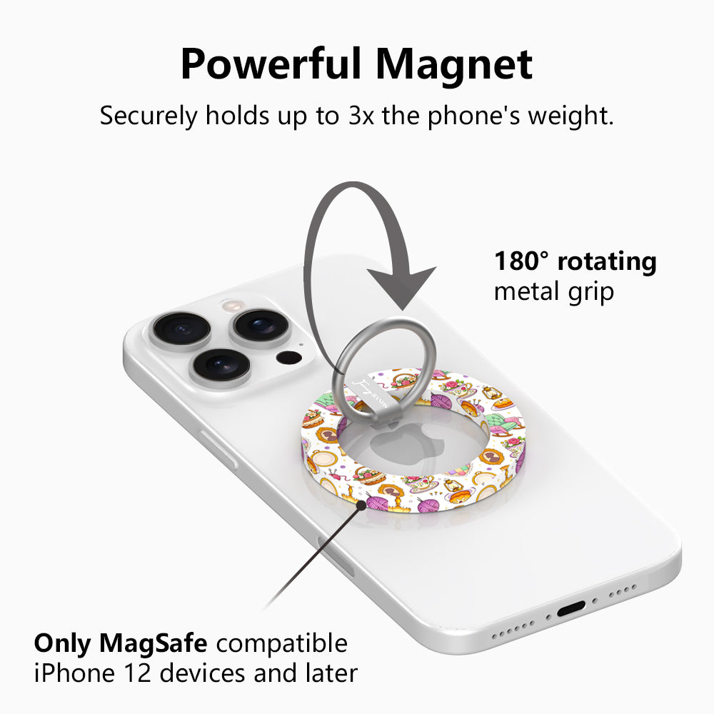 It's Giving Grandma Hobbies cozy grandmacore MagSafe phone grip ring with knitting yarn, rocking chairs, teacups, and pies on a white background compatible with iPhone and Samsung