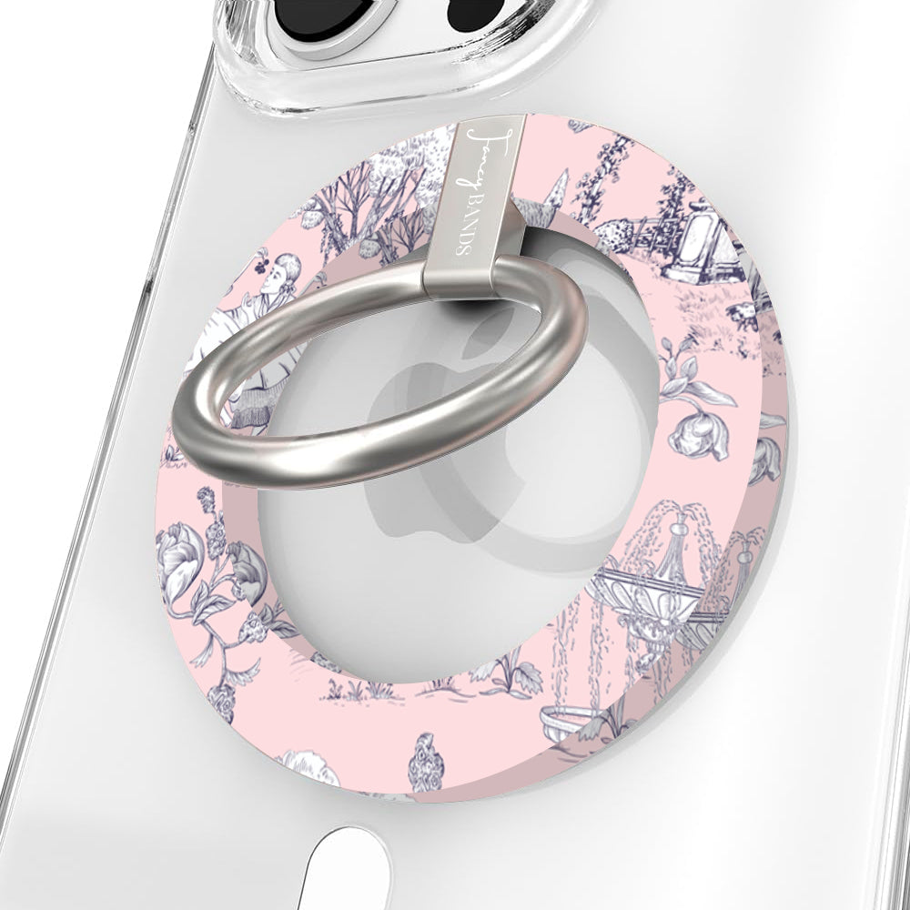 French Affair Hold It Fancy MagSafe grip ring with a pink and navy toile de Jouy print design from Fancy Bands