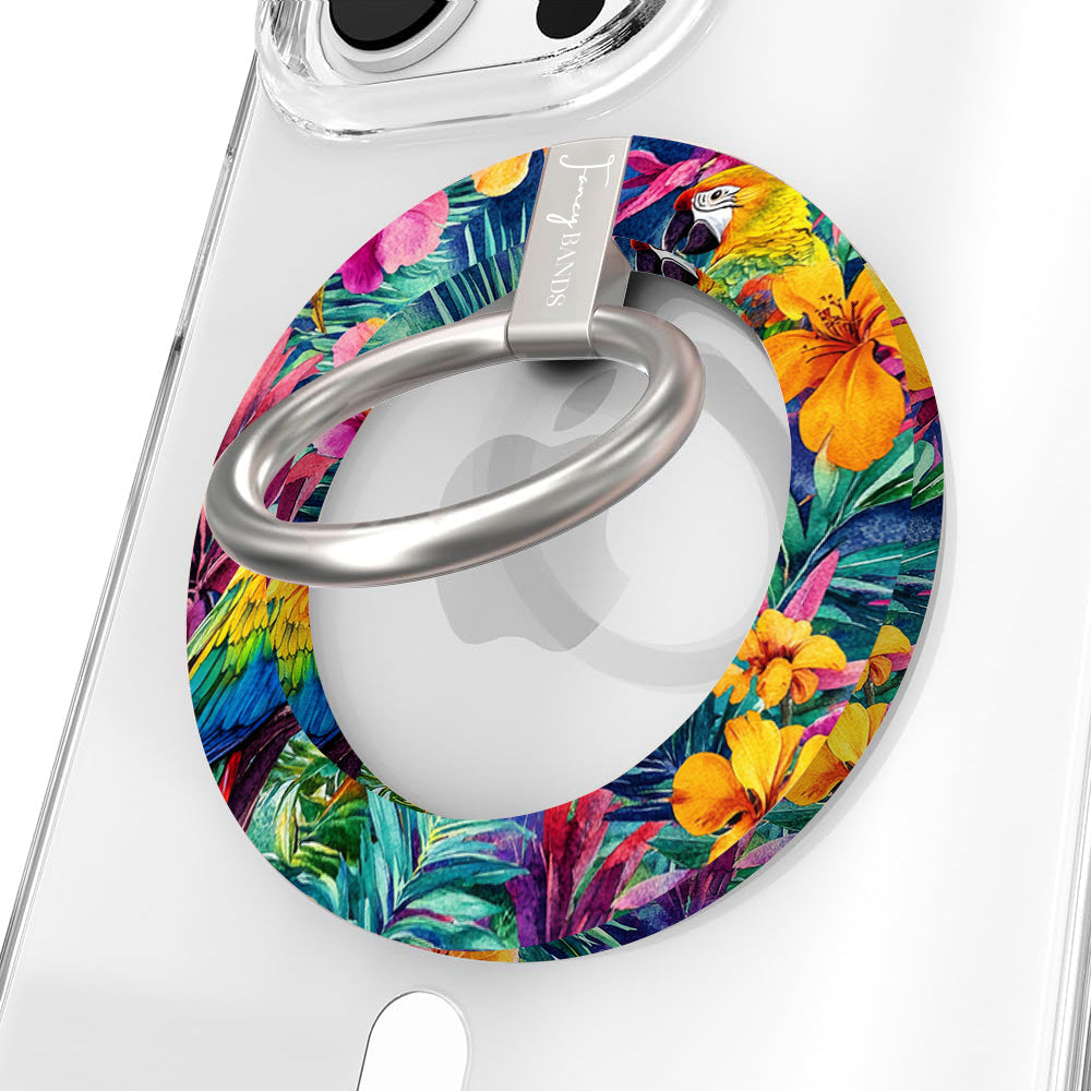 Parrot Paradise tropical pattern MagSafe phone grip ring with colorful parrots and hibiscus flowers compatible with iPhone and Samsung