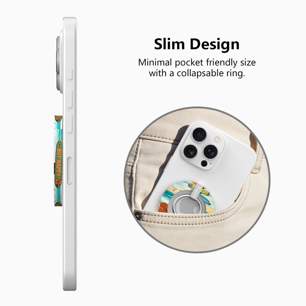 Seaside State of Mind MagSafe phone grip ring featuring Adirondack chairs on a tropical beach with ocean waves and sunset sky
