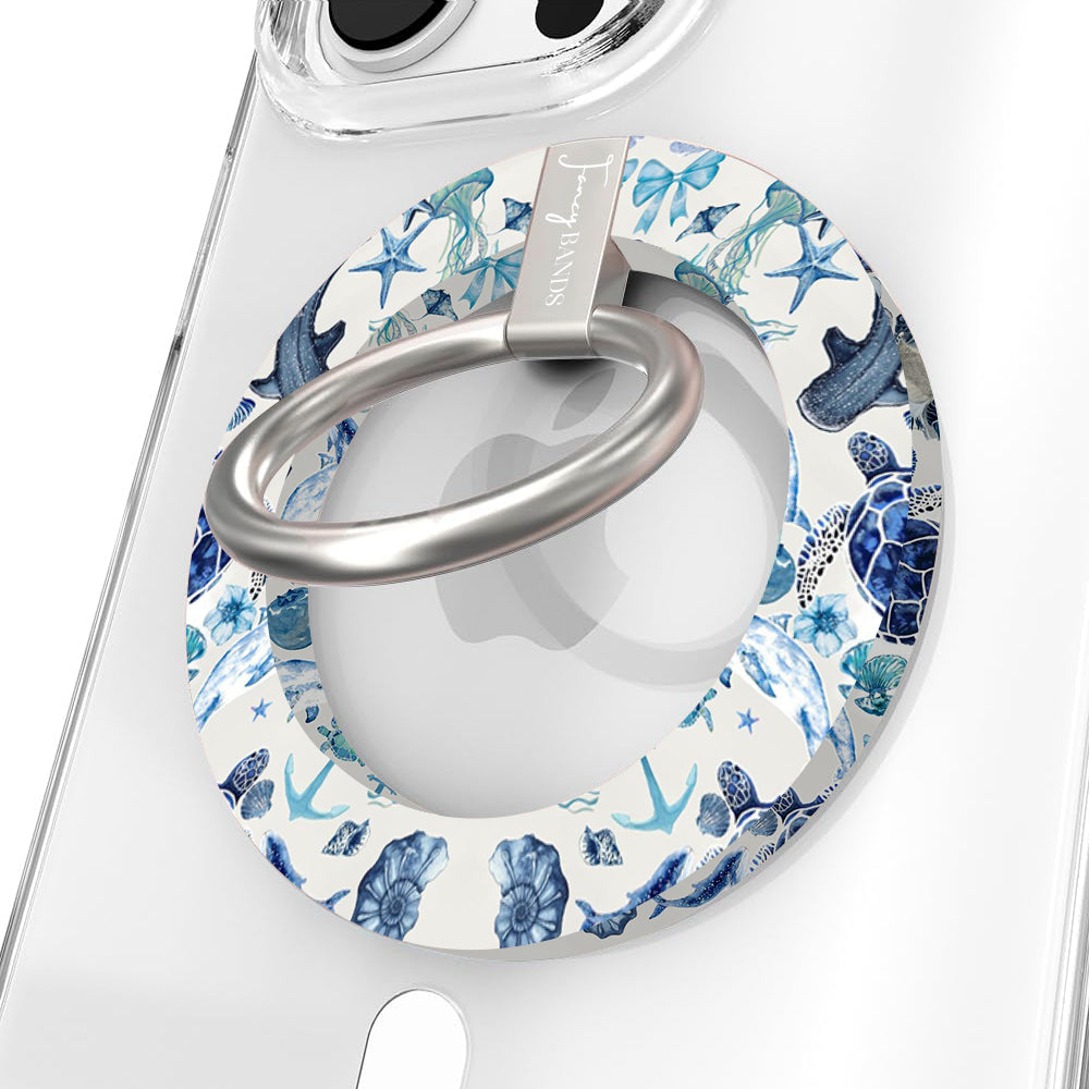 Blue Lagoon nautical watercolor MagSafe phone grip ring with sea turtles, whales, and jellyfish in shades of blue on a white background compatible with iPhone and Samsung